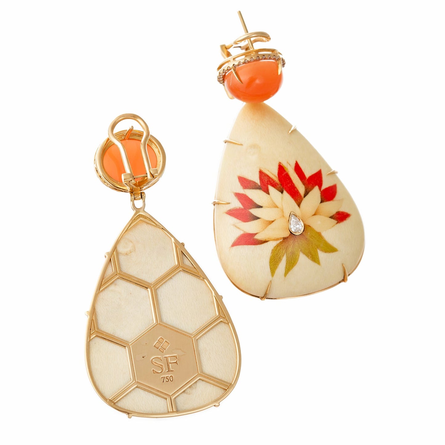 Silvia Furmanovich - Orange Moonstone Diamond Marquetry Wood Drop Earrings