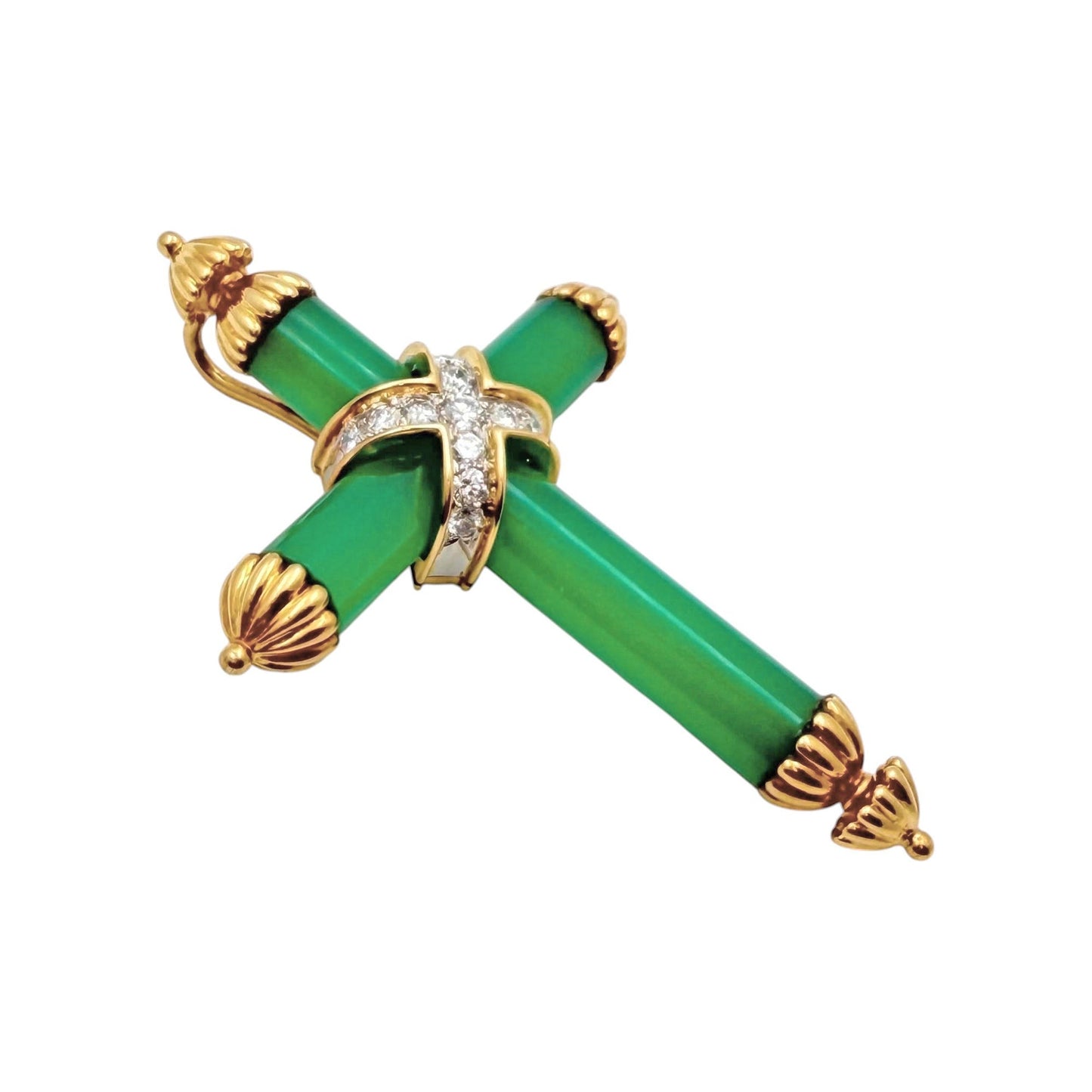 Tiffany & Co - 18k Gold Green Chrysoprase Diamond Cross Pendant