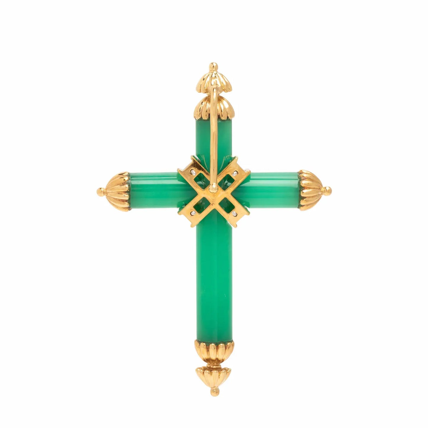 18k Gold Green Chalcedony Diamond Cross Pendant