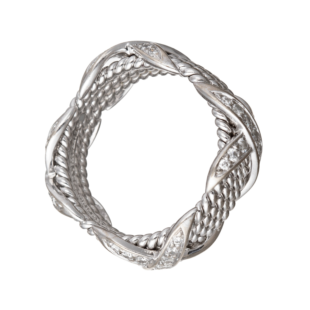 Schlumberger 18k White Gold Diamond Four-Row Rope 'X' Ring