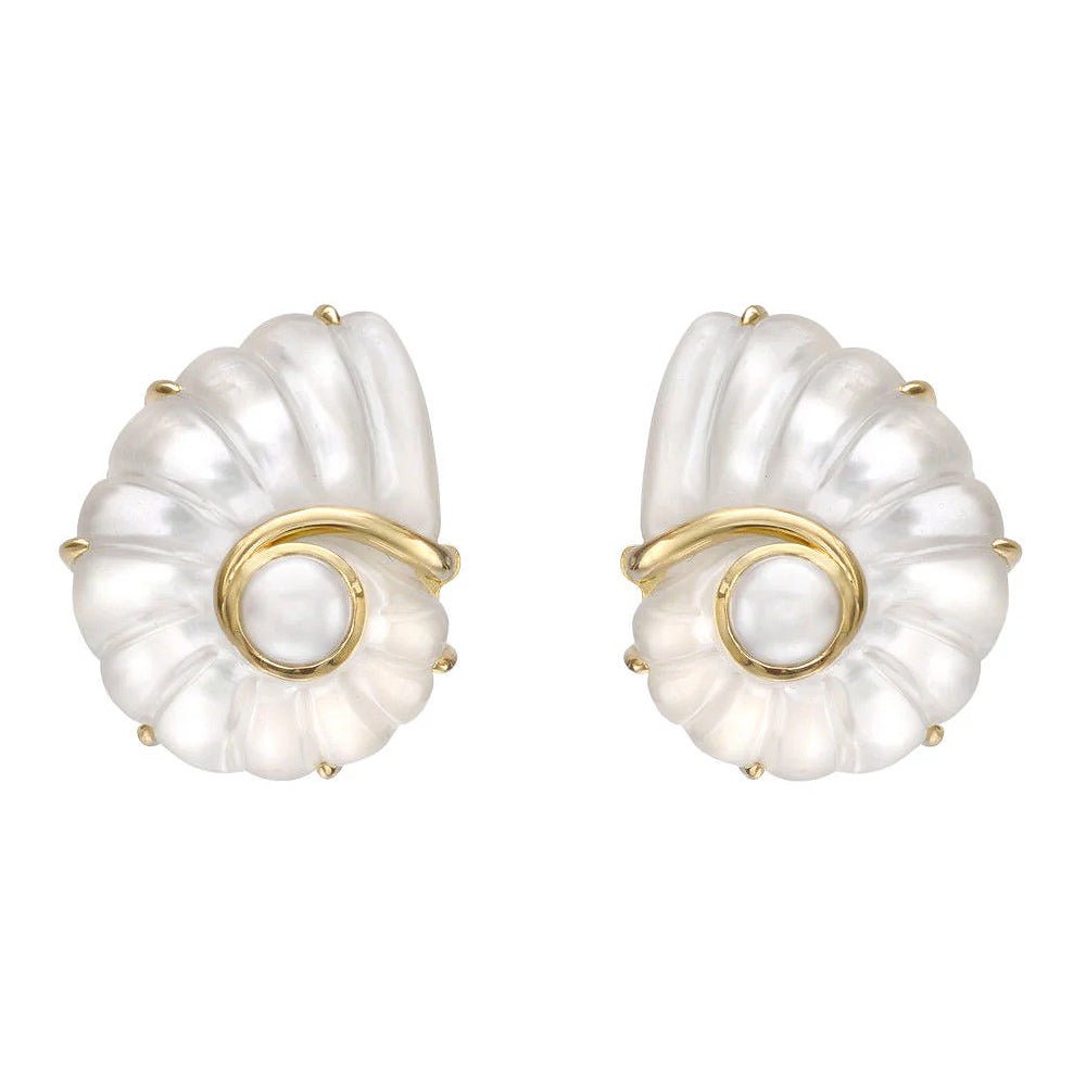 Trianon - 18k Gold Rock Crystal Pearl Nautilus Earrings