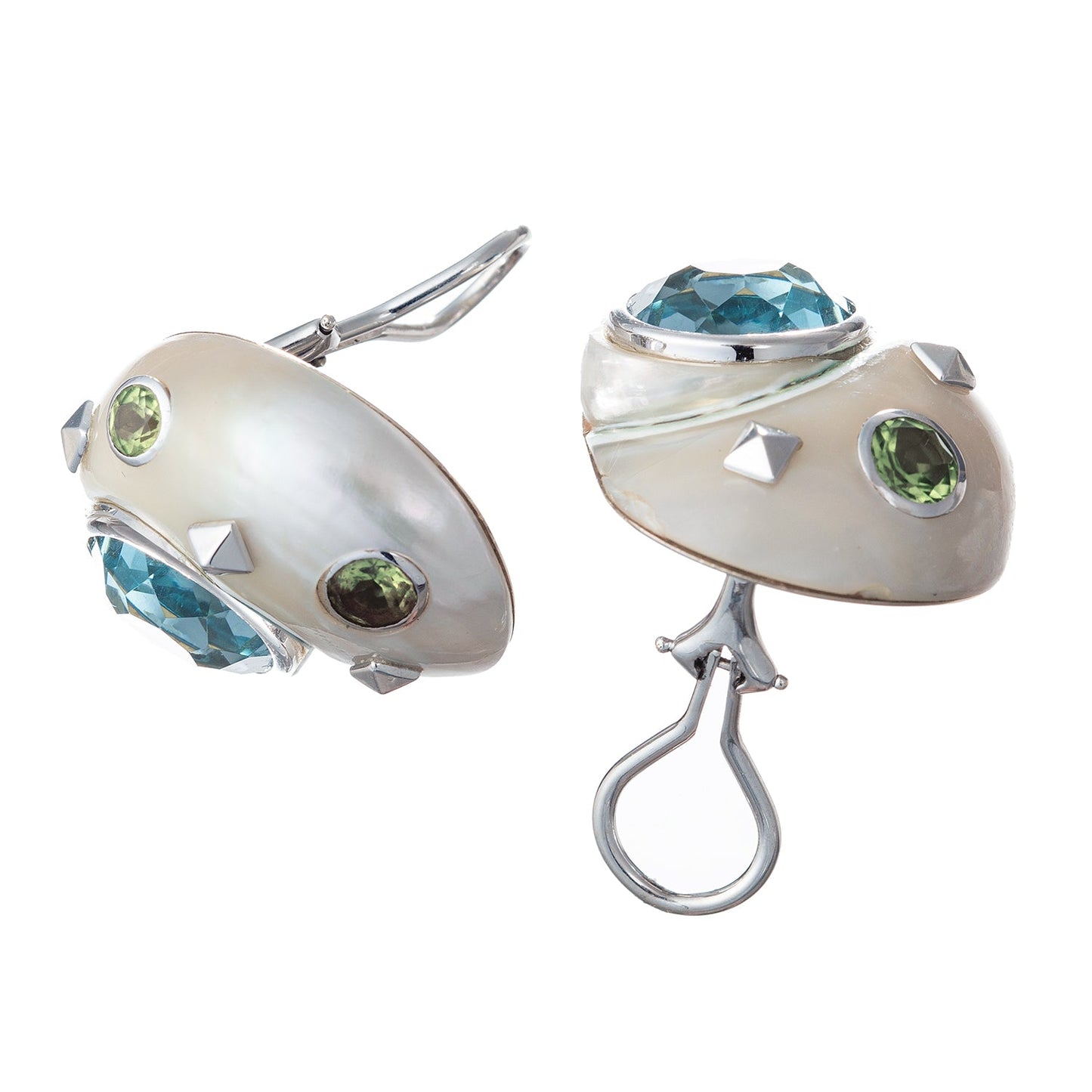 Trianon - 18k White Gold Blue Topaz Peridot Shell Earrings