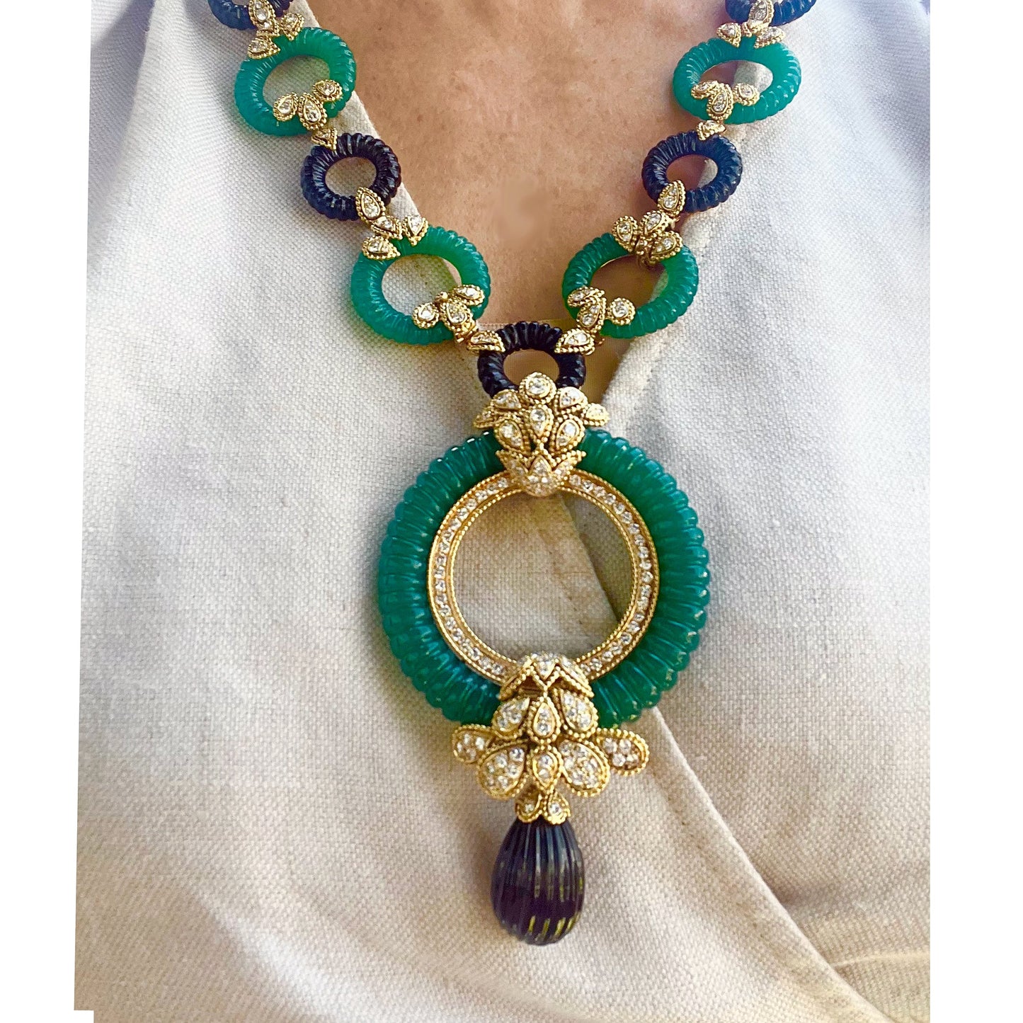 Van Cleef & Arpels - 1970s Chrysoprase Onyx Diamond Convertible Necklace/Bracelet