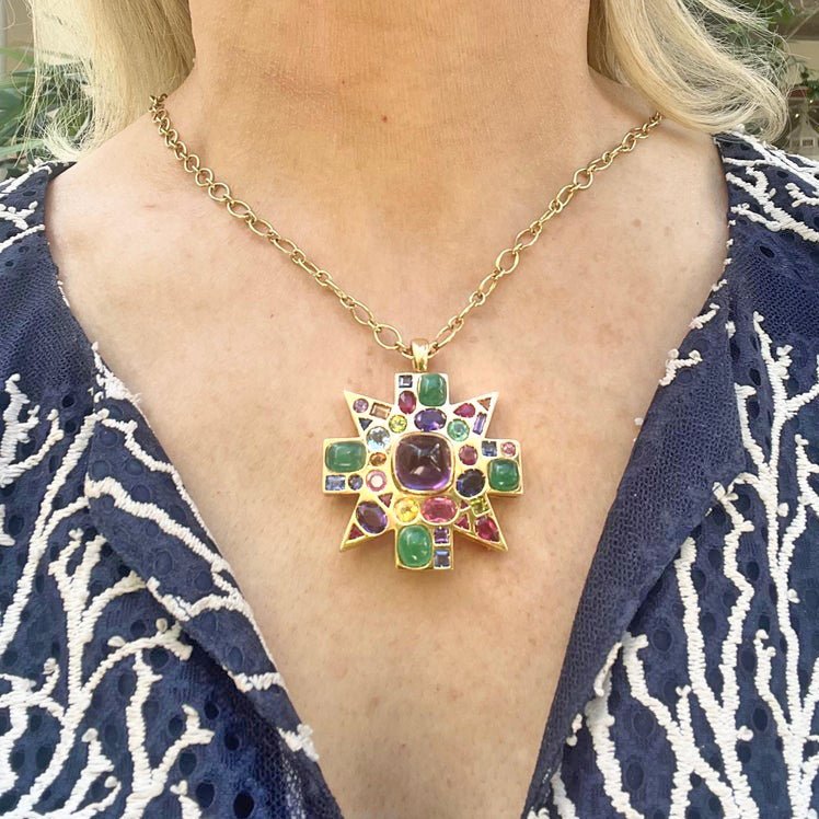 Verdura - Estate Gem - Set Byzantine Pendant Brooch with Chain Necklace