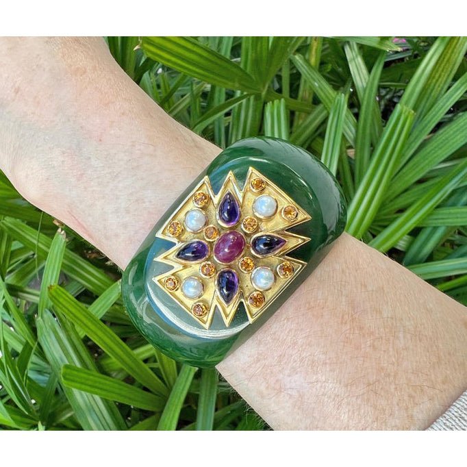 Verdura - Estate Gem - Set Green Jade Maltese Cross Cuff Bracelet