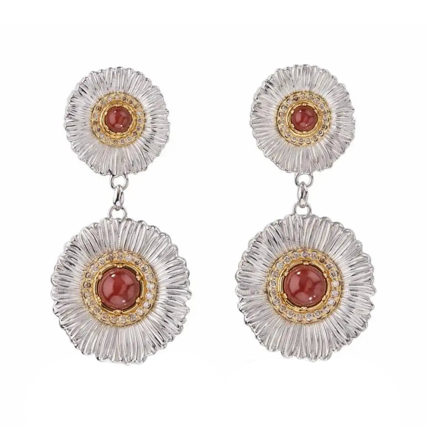 Buccellati - Silver Red Jasper Diamond Large Daisy Drop Earrings