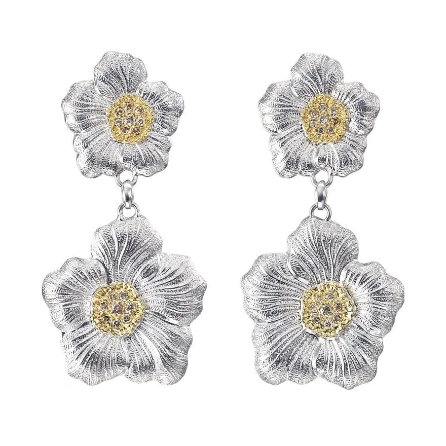 Buccellati Silver - Silver Vermeil Diamond Large Gardenia Drop Earrings