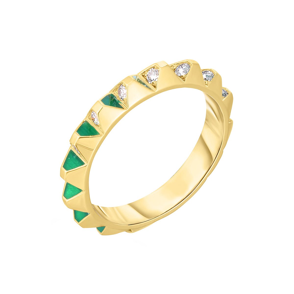 Cicada - 18k Yellow Gold Green Enamel Diamond Band