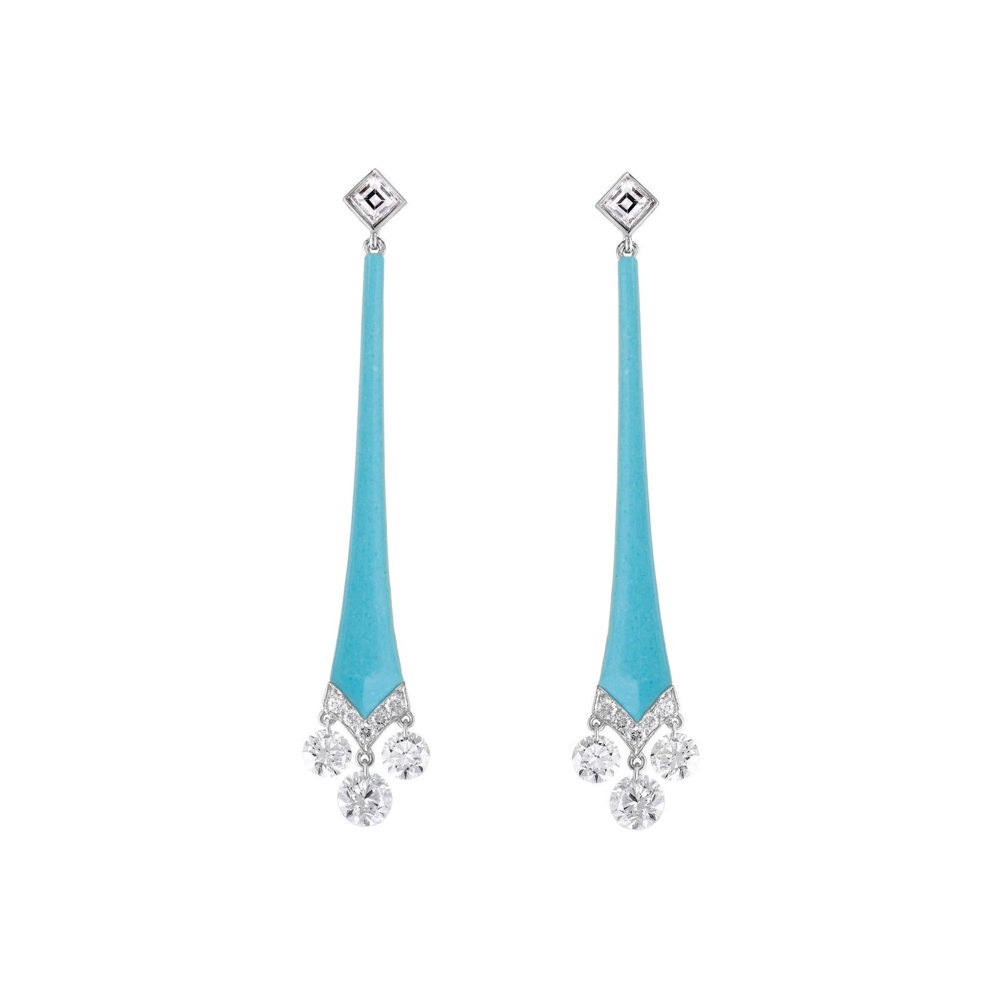 Cicada - Platinum Diamond Turquoise Enamel Drop Earrings