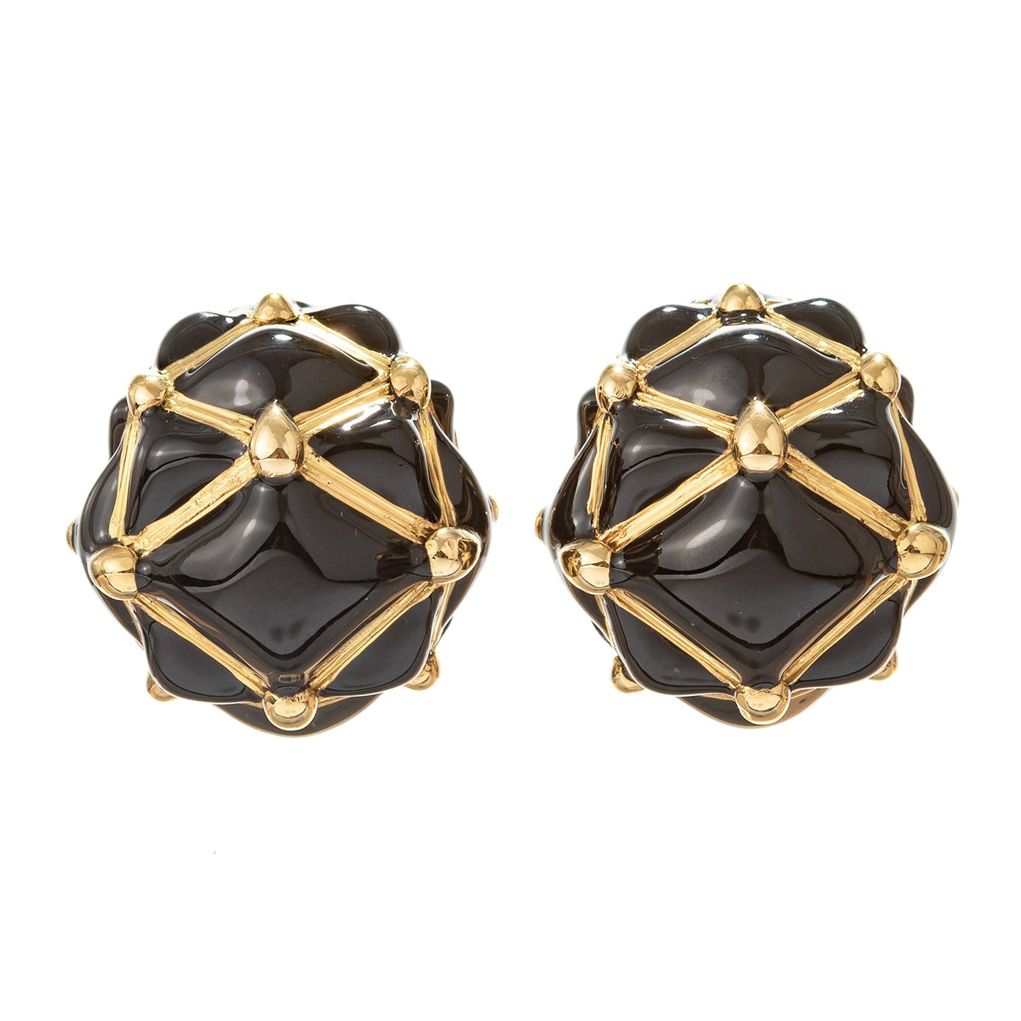 David Webb - 18k Yellow Gold Black Enamel Geodesic Dome Earrings