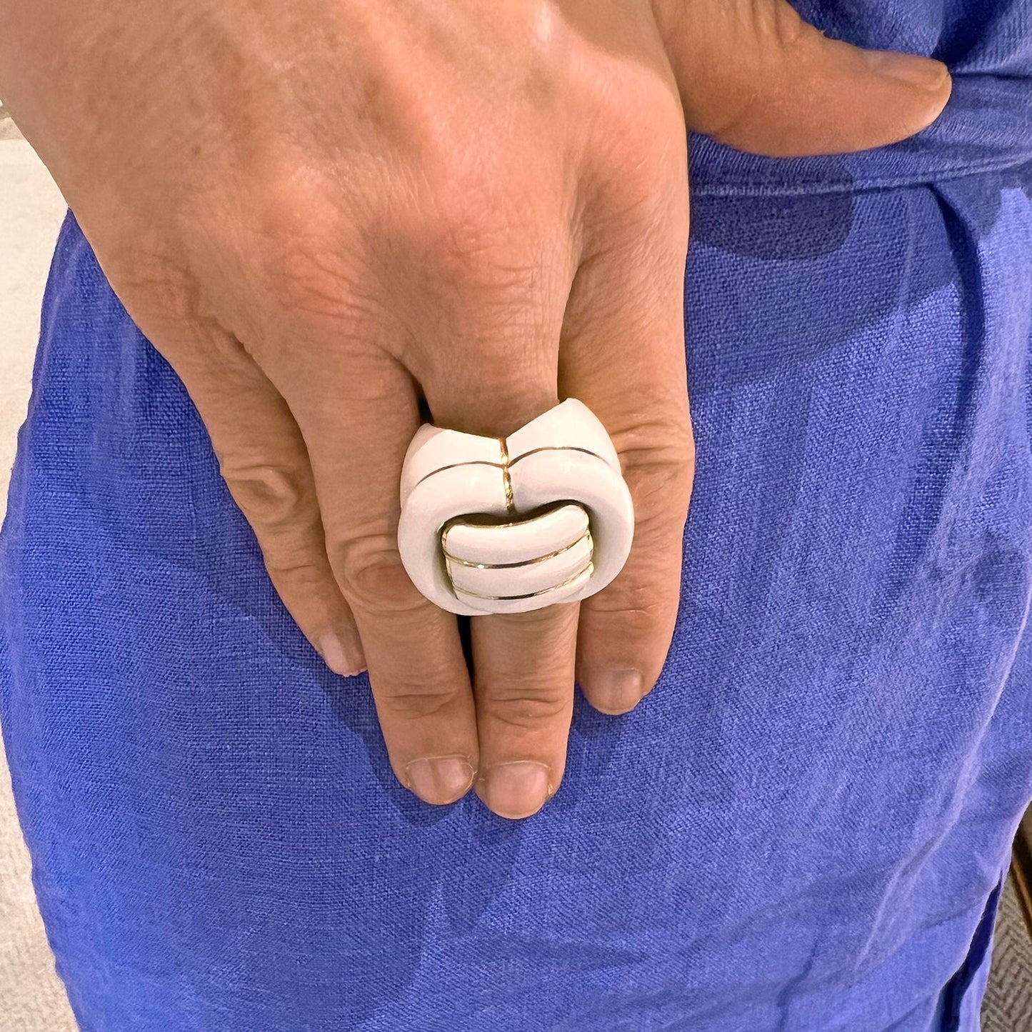 David Webb - 18k Yellow Gold White Enamel Buckle Ring