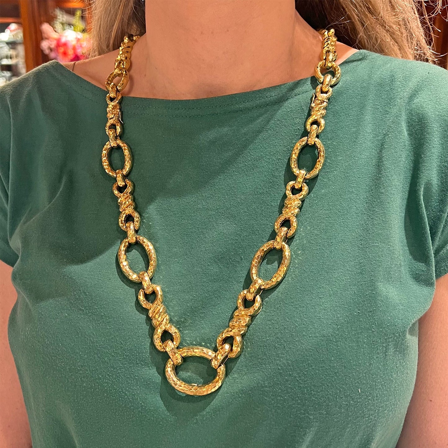 David Webb - Hammered 18k Yellow Gold Link Long Necklace
