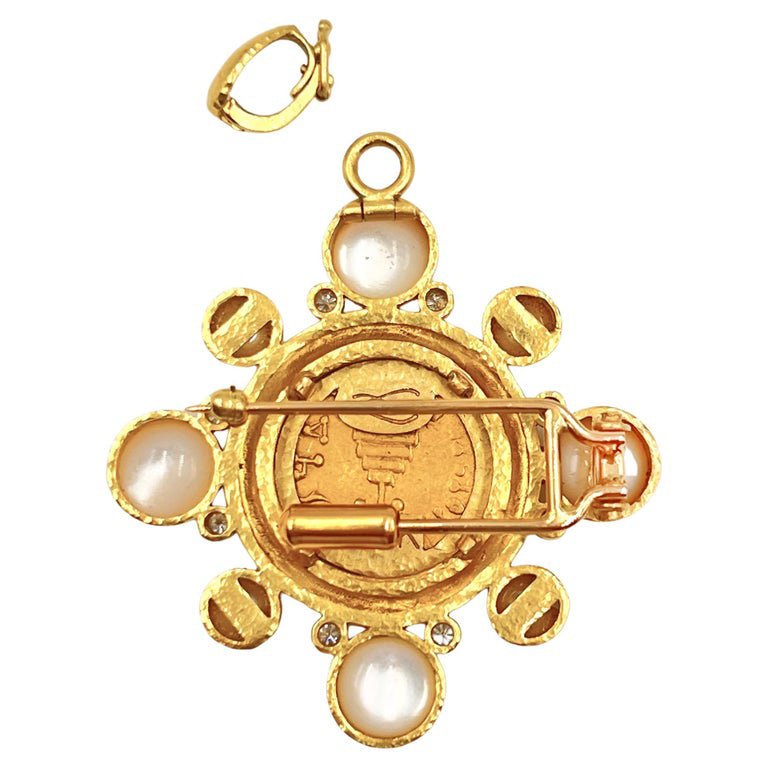 Elizabeth Locke - 19k Gold Coin Pearl Diamond Pendant Brooch