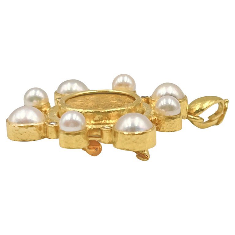Elizabeth Locke - 19k Gold Coin Pearl Diamond Pendant Brooch