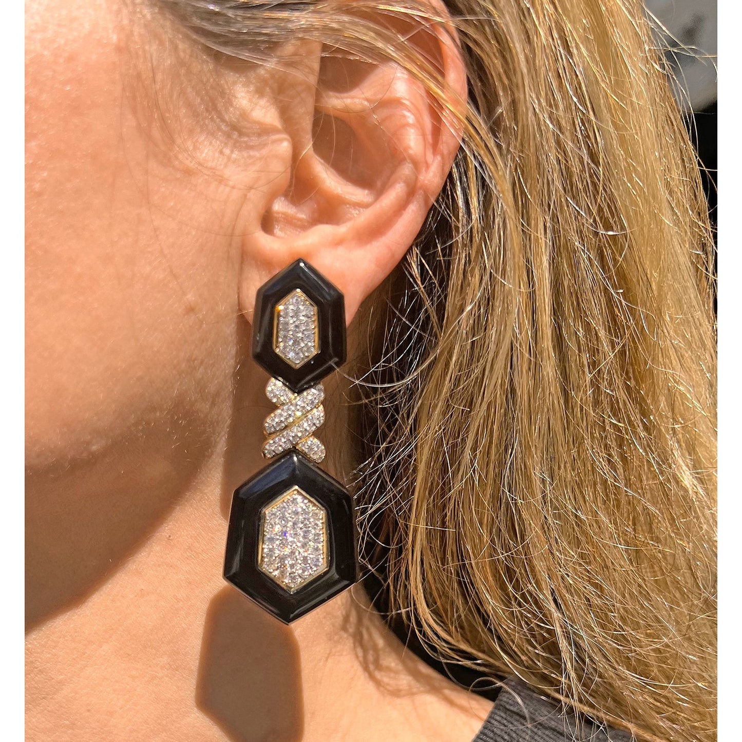 Estate Collection - 18k Yellow Gold Black Onyx Diamond Drop Earrings