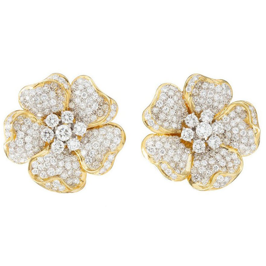 Estate Collection - 18k Yellow Gold Pavé Diamond Flower Earrings