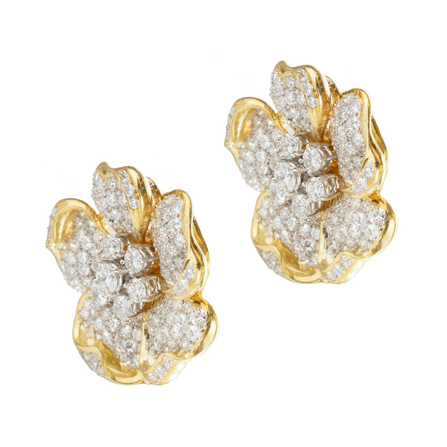 Estate Collection - 18k Yellow Gold Pavé Diamond Flower Earrings
