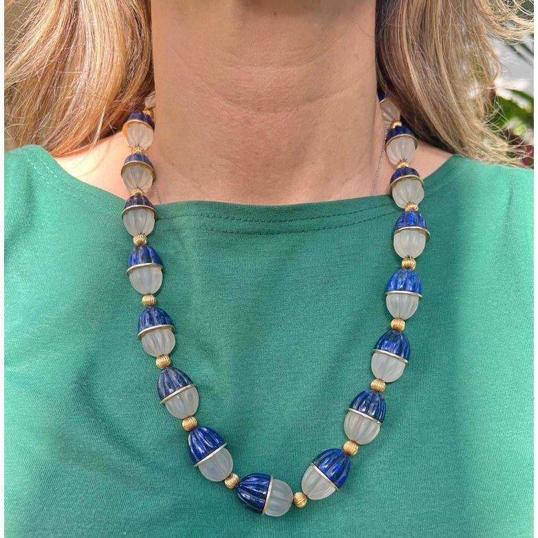 Estate Collection - Carved Lapis Rock Crystal Gold Bead Necklace