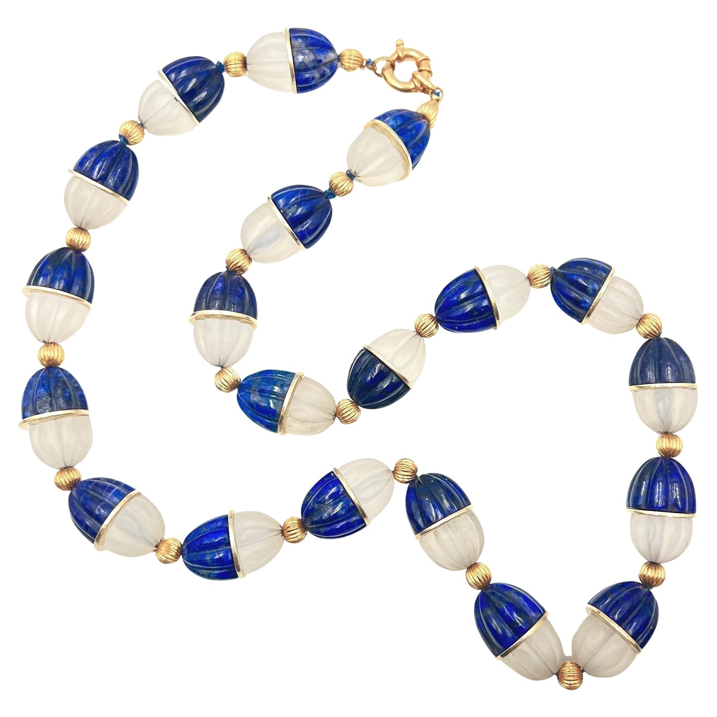 Estate Collection - Carved Lapis Rock Crystal Gold Bead Necklace