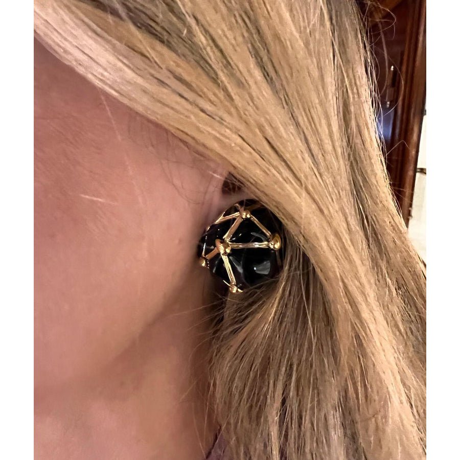 Estate Collection - David Webb Black Enamel Pyramid Trellis Dome Earrings