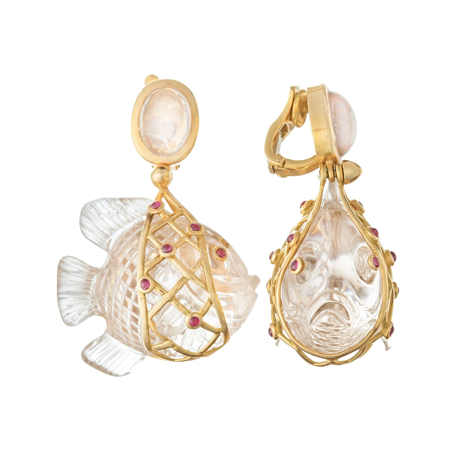 Estate Collection - French 18k Gold Carved Quartz Fish Pendant Earrings