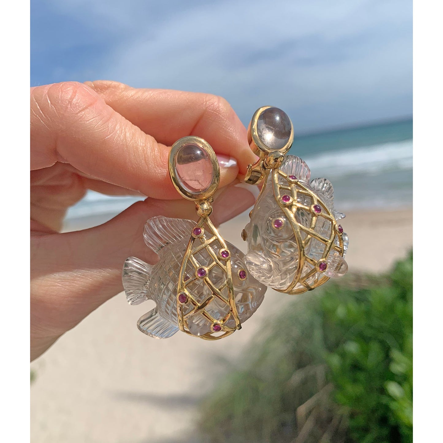 Estate Collection - French 18k Gold Carved Quartz Fish Pendant Earrings