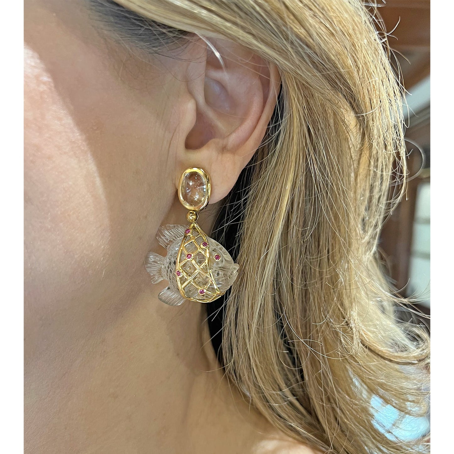 Estate Collection - French 18k Gold Carved Quartz Fish Pendant Earrings