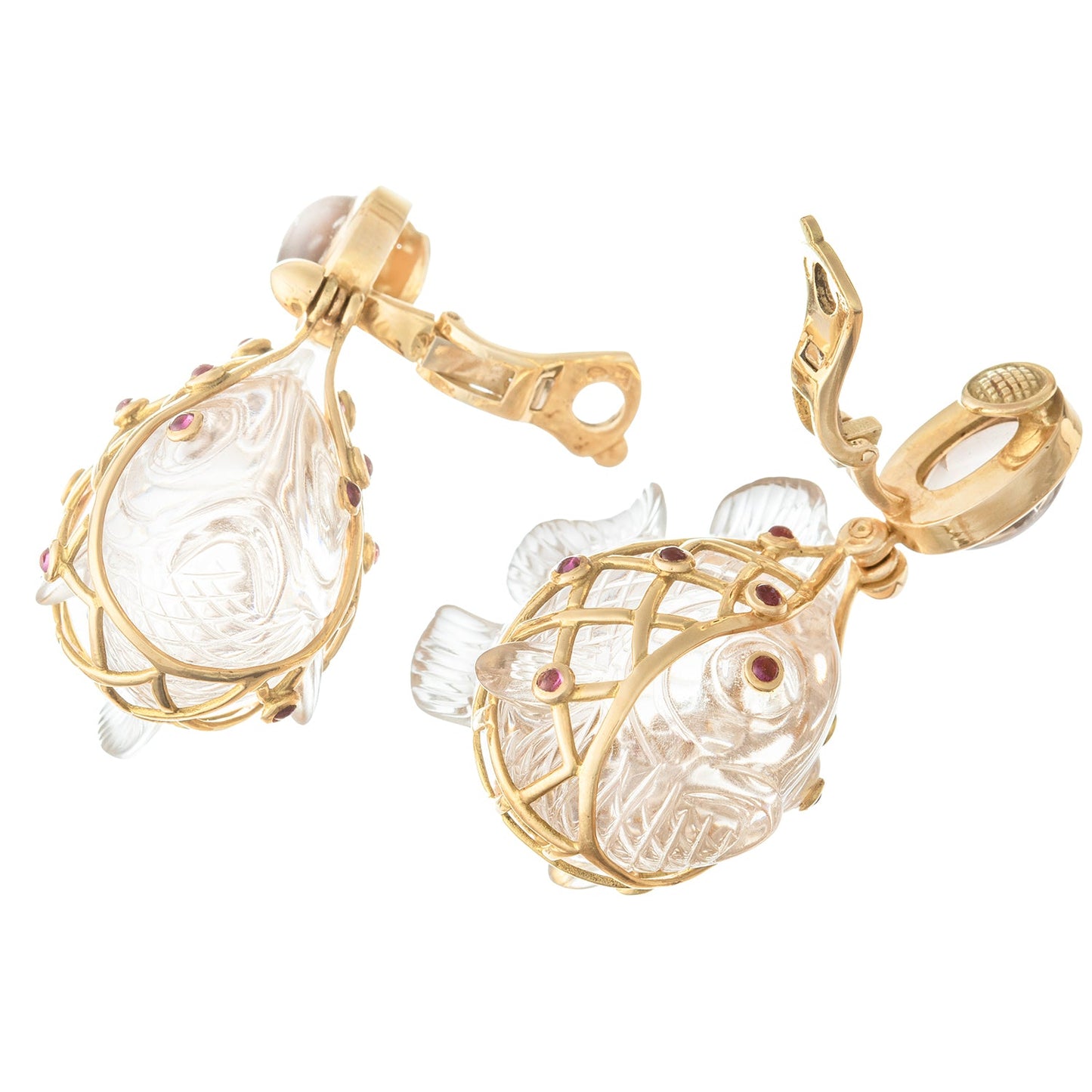 Estate Collection - French 18k Gold Carved Quartz Fish Pendant Earrings