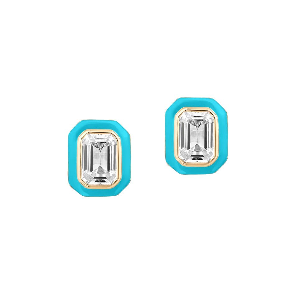 Goshwara - Rock Crystal Turquoise Enamel Stud Earrings