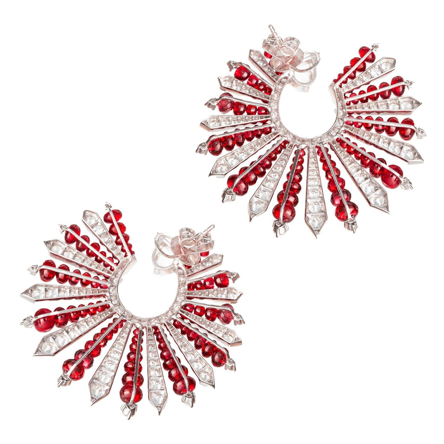 Greenleaf & Crosby - 18k White Gold Red Spinel Diamond Fan Earrings
