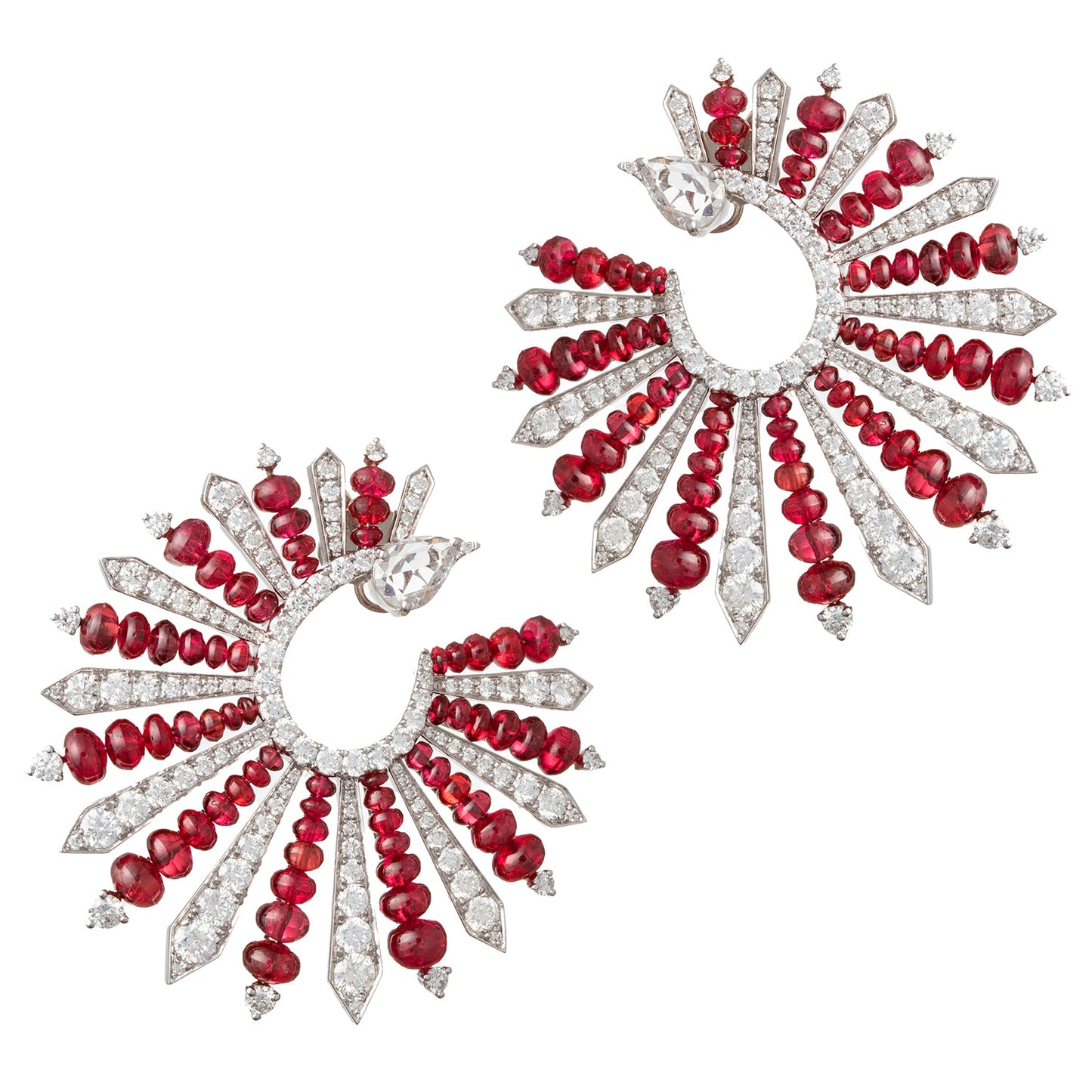 Greenleaf & Crosby - 18k White Gold Red Spinel Diamond Fan Earrings