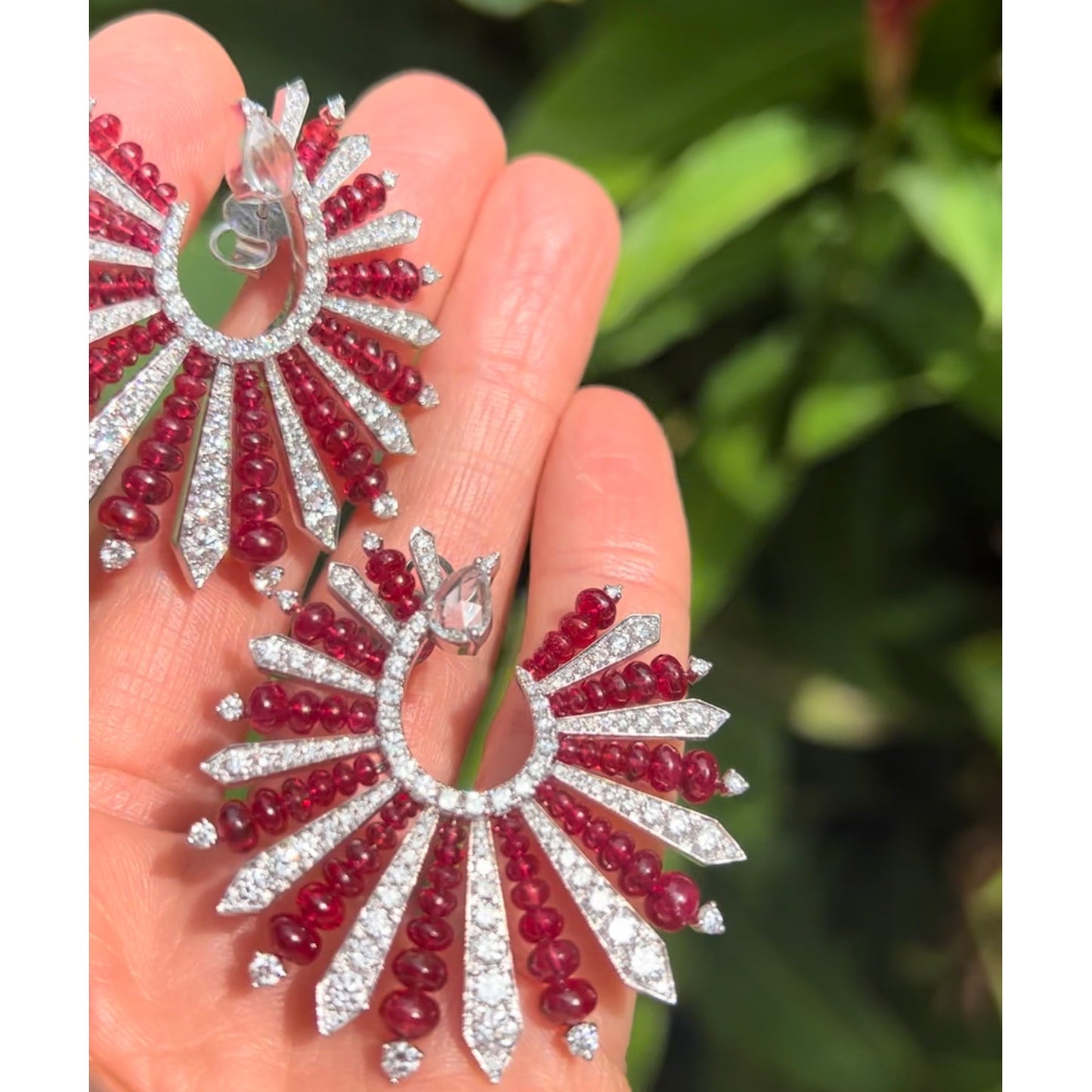 Greenleaf & Crosby - 18k White Gold Red Spinel Diamond Fan Earrings