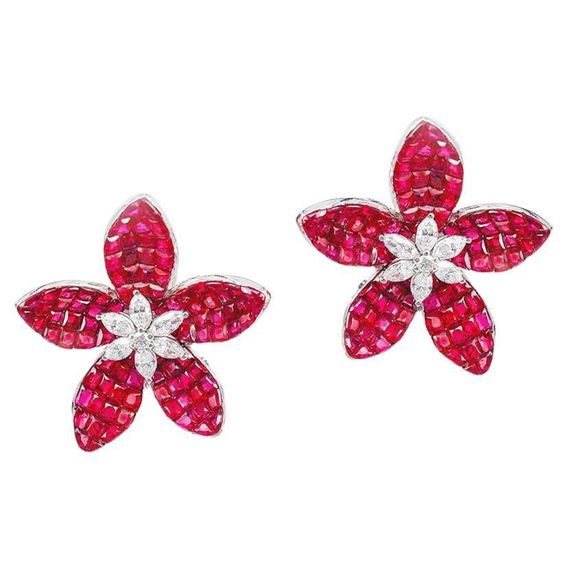 Greenleaf & Crosby - Invisibly-Set Ruby Diamond Lotus Flower Earrings