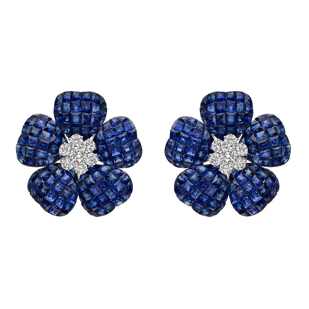 Greenleaf & Crosby - Large Invisibly-Set Sapphire Diamond Flower Earrings