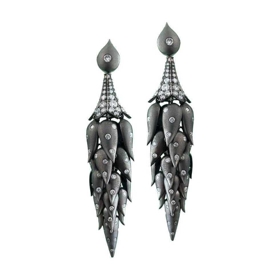 Greenleaf & Crosby - Silver DIamond Jhumka Leaf Drop Earrings