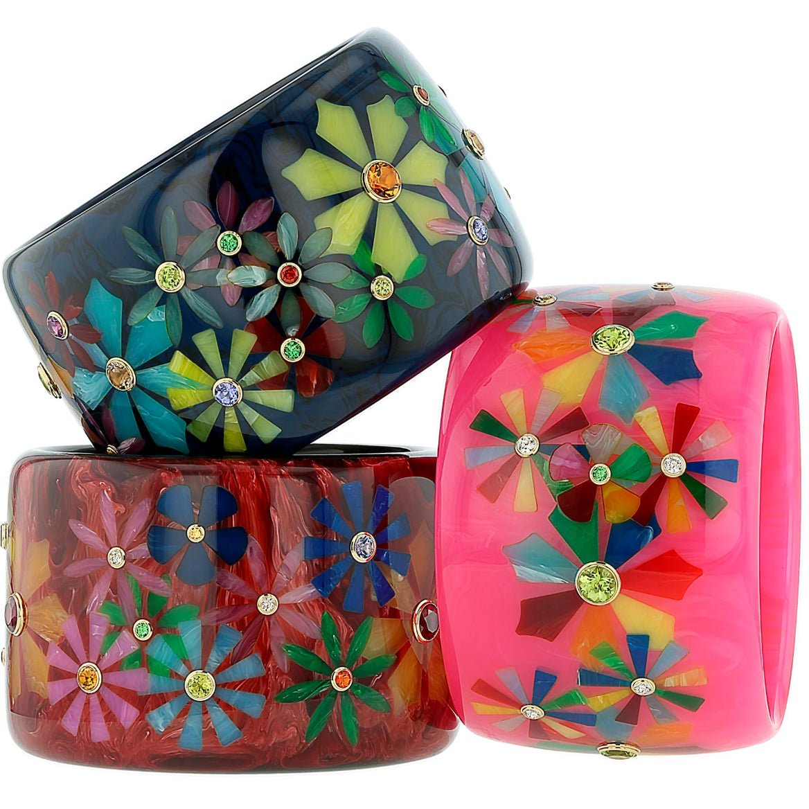 Mark Davis - Pink Bakelite Flower Gemstone "June" Wide Bangle