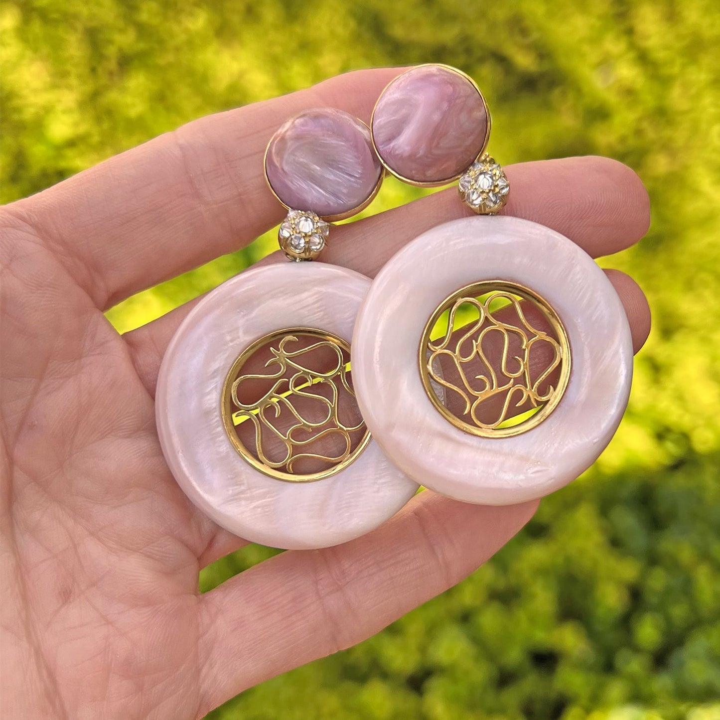 Nicholas Varney - 18k Yellow Gold Pink Mother-of-Pearl Pendant Earrings