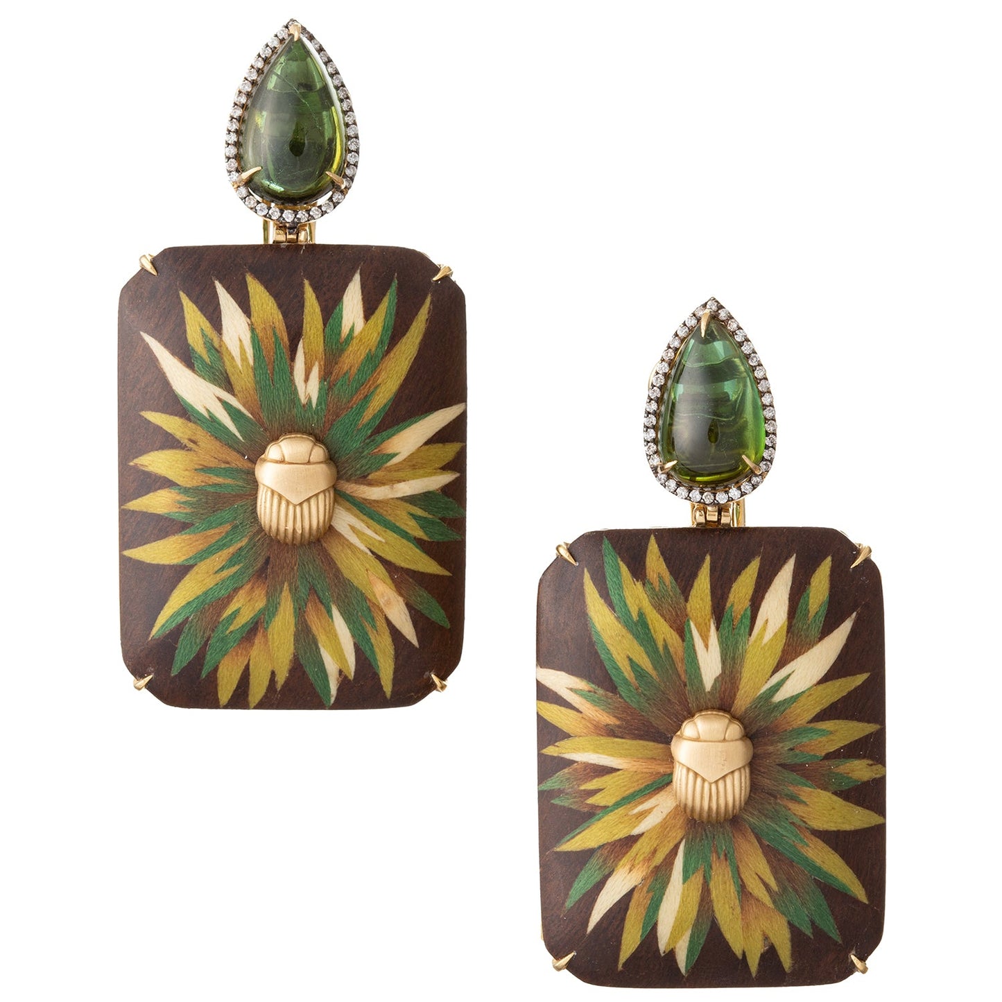 Silvia Furmanovich - 18k Gold Scarab Wood Leaf Pendant Earrings
