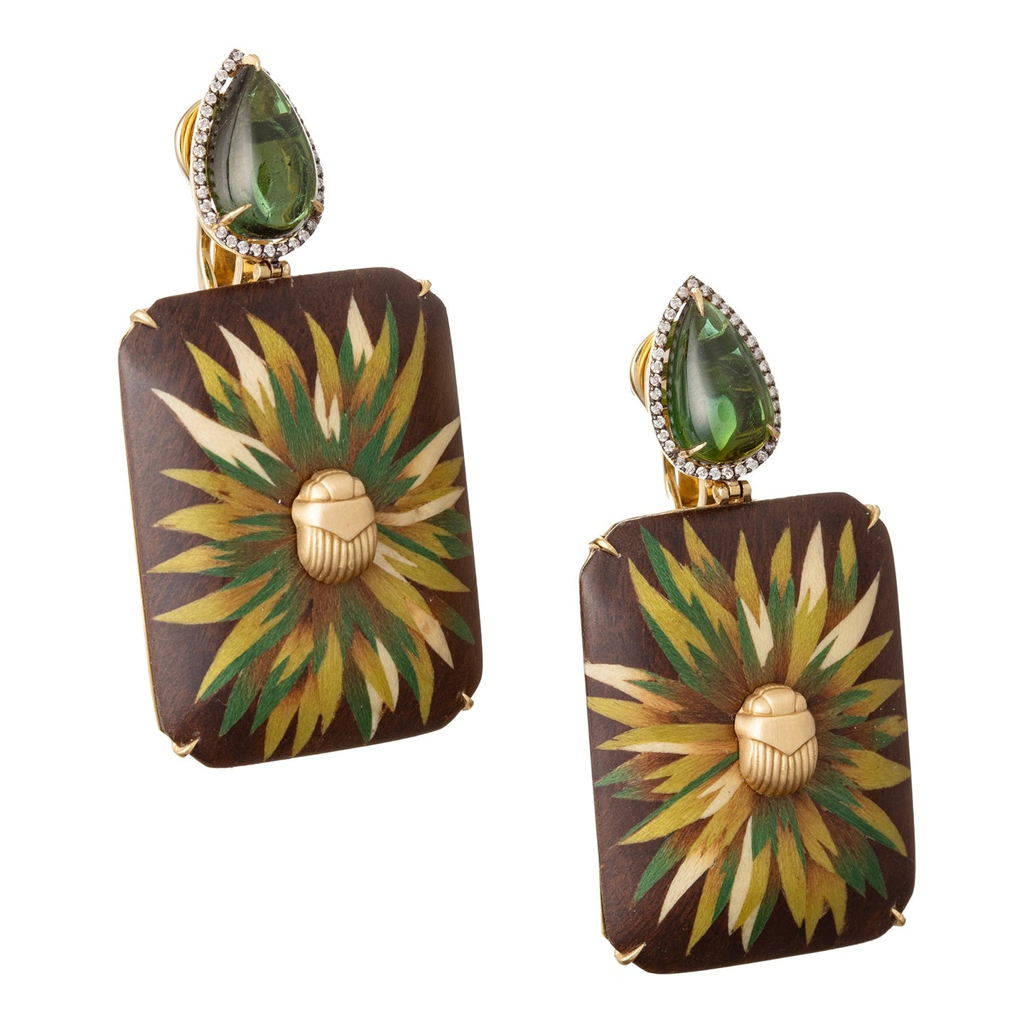 Silvia Furmanovich - 18k Gold Scarab Wood Leaf Pendant Earrings