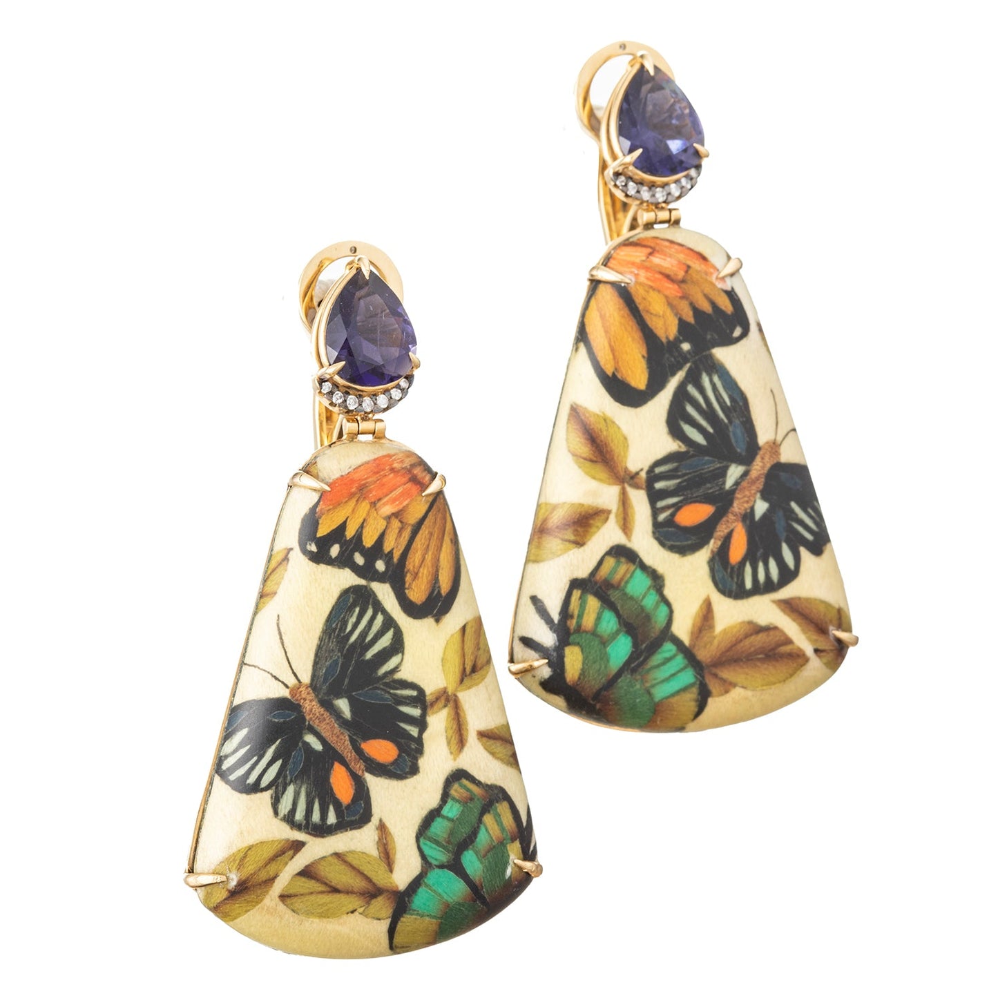 Silvia Furmanovich - Iolite Diamond Marquetry Wood Butterfly Pendant Earrings