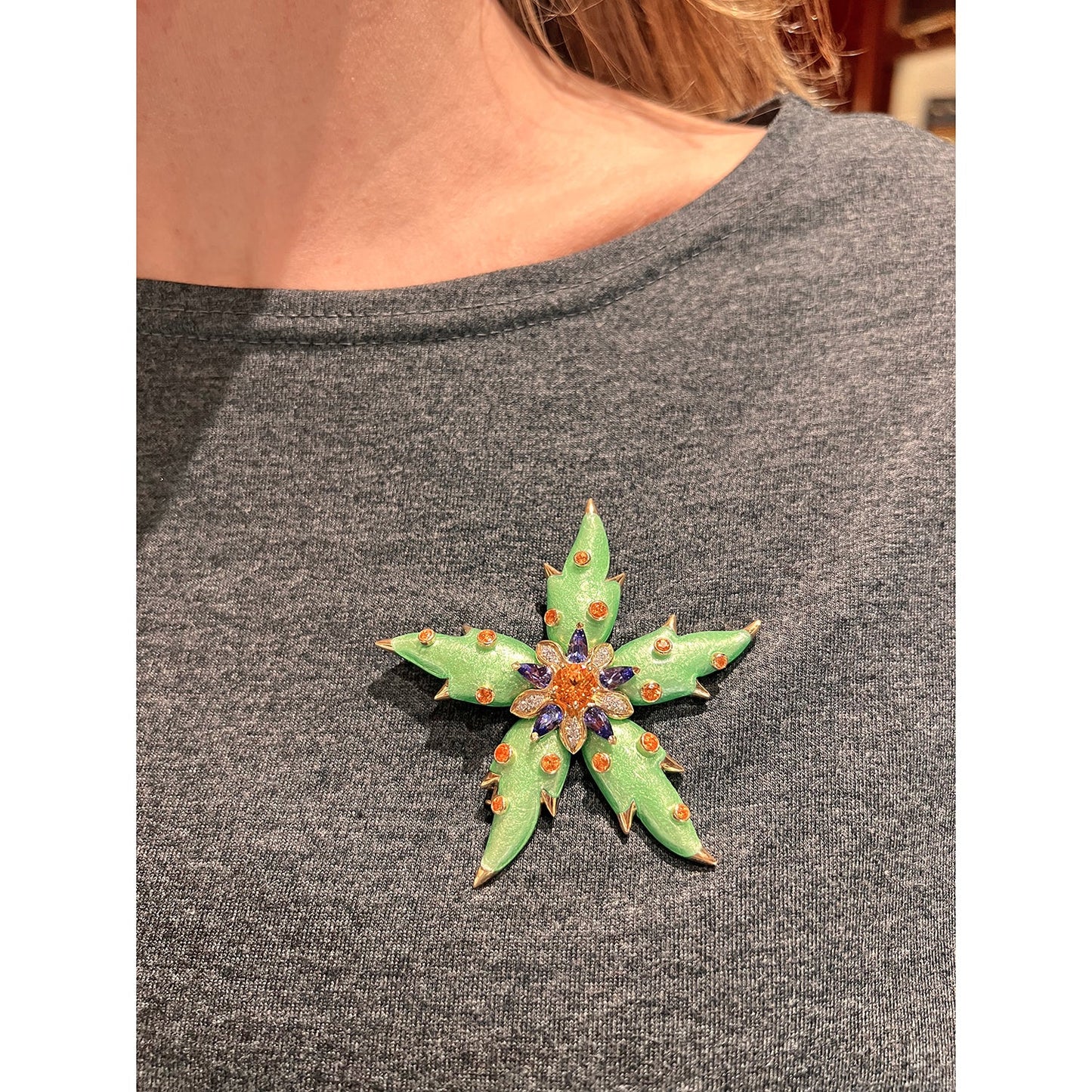Tiffany & Co - Schlumberger Green Enamel Garnet Tanzanite Starfish Pin