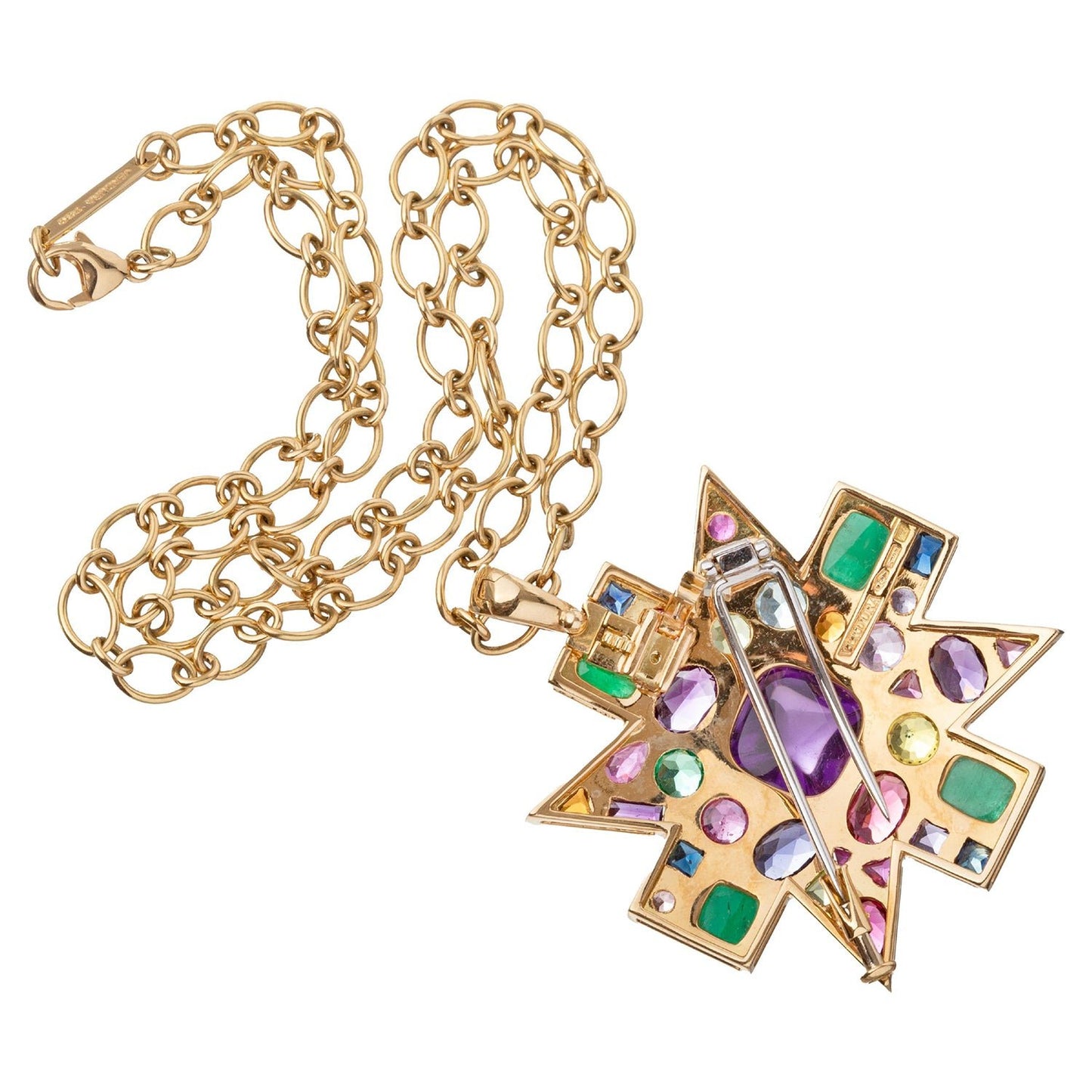 Verdura - Estate Byzantine Gem-Set Pendant Brooch with Chain Necklace