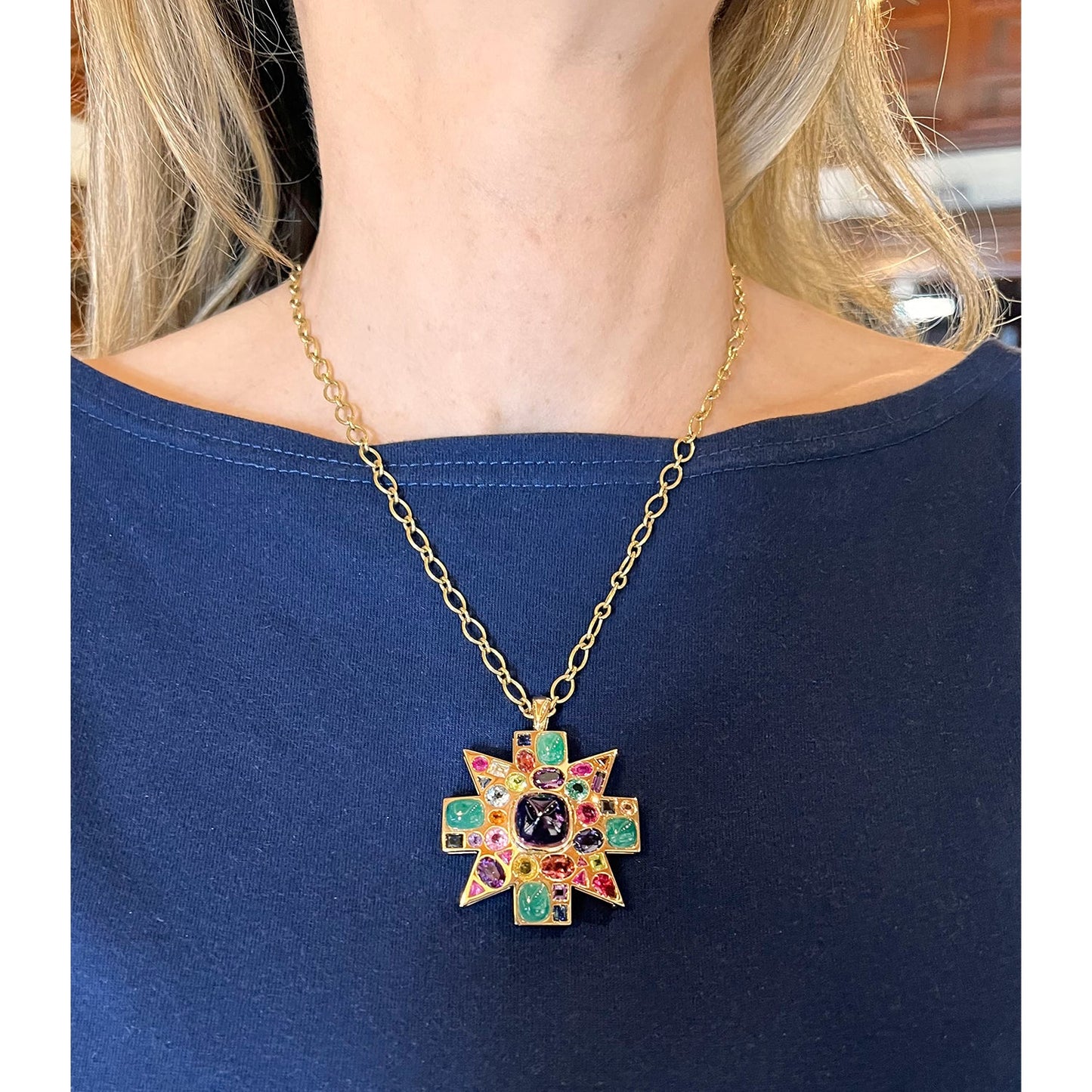 Verdura - Estate Byzantine Gem-Set Pendant Brooch with Chain Necklace