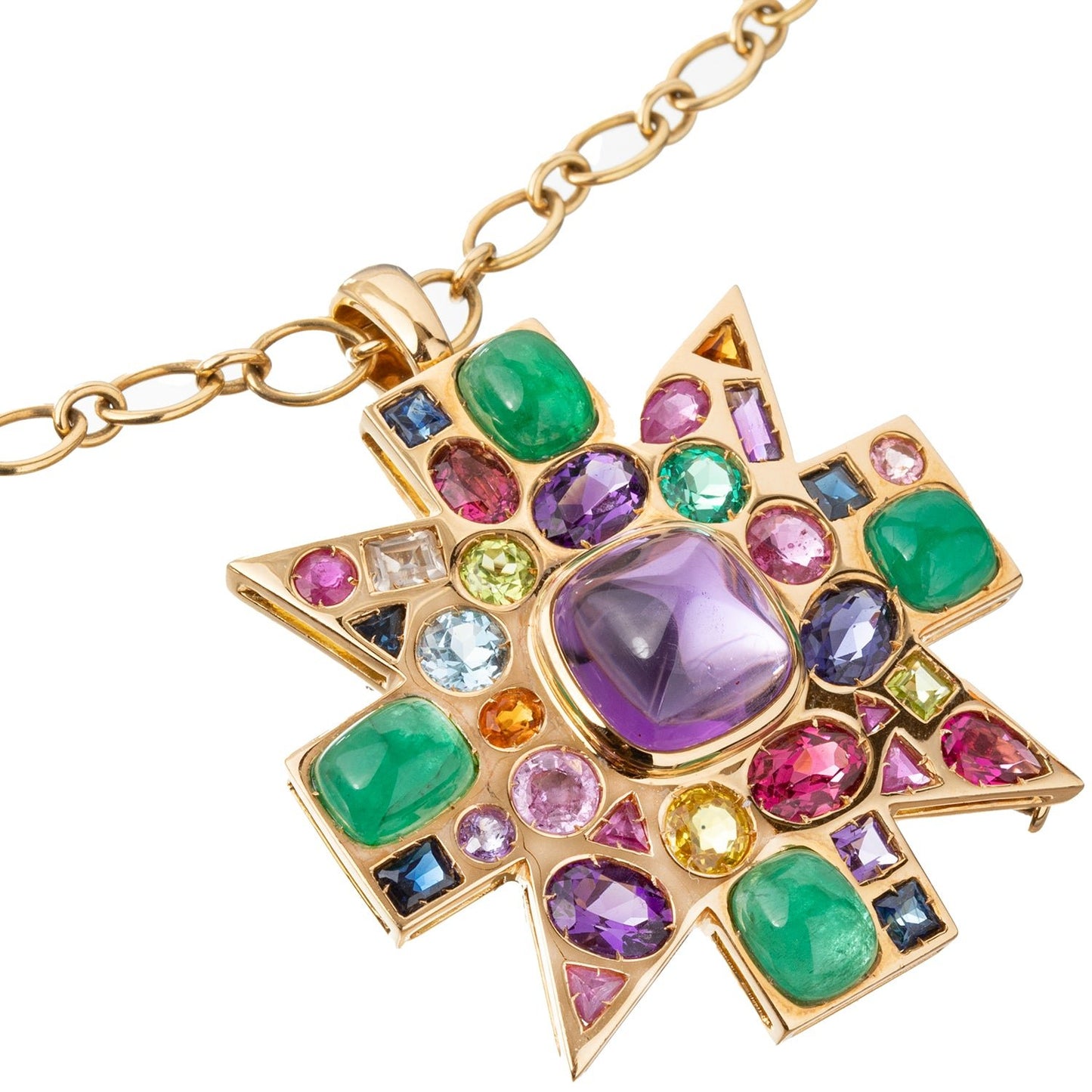 Verdura - Estate Byzantine Gem-Set Pendant Brooch with Chain Necklace