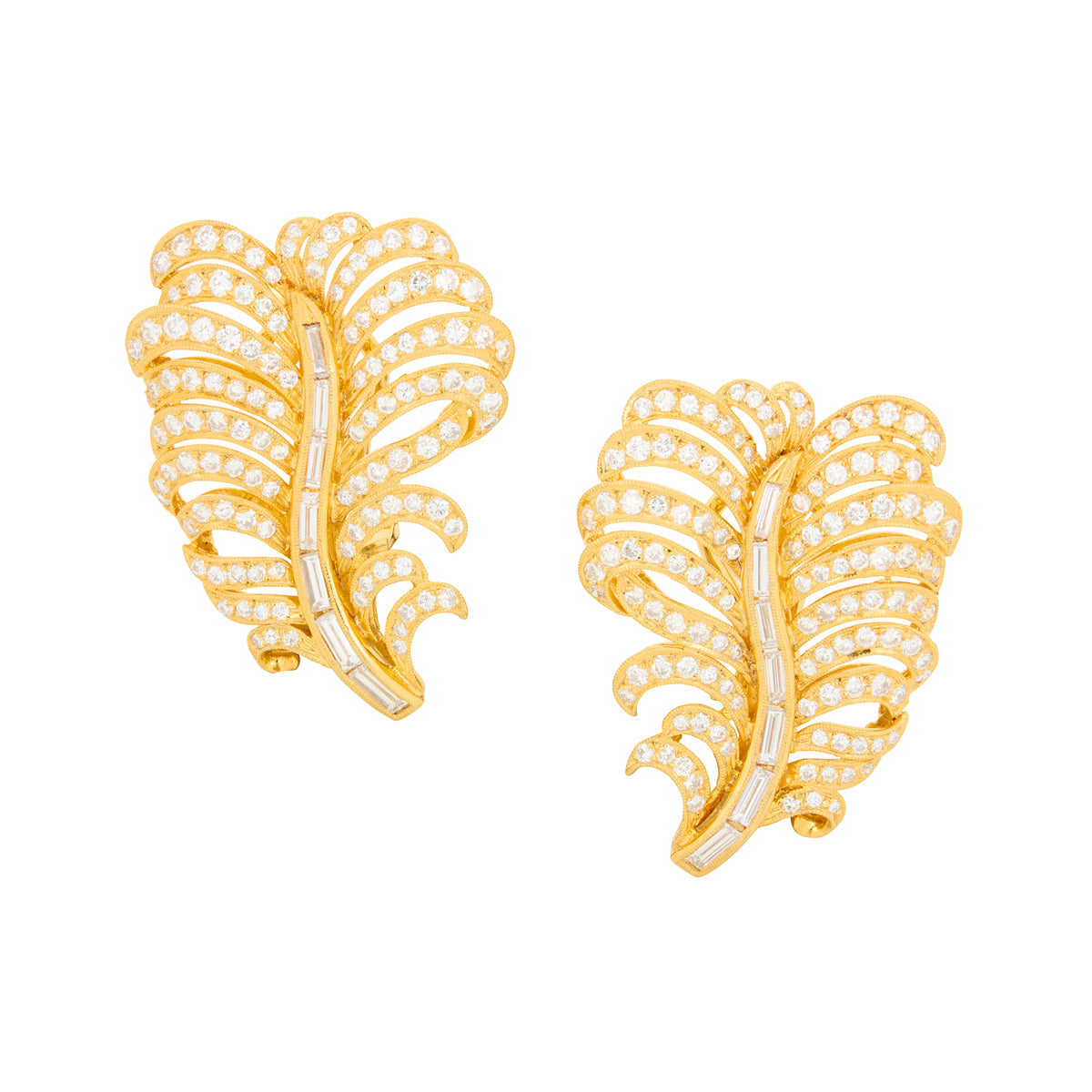 18k Yellow Gold Diamond Feather Earrings