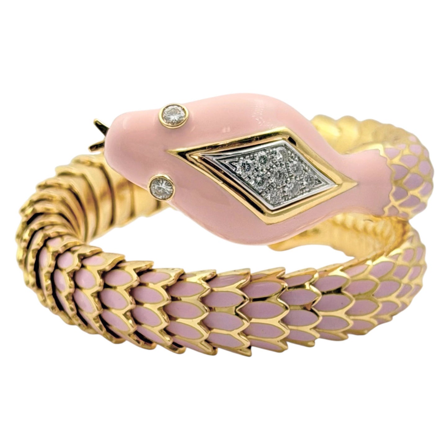 18k Yellow Gold Pink Enamel Diamond Snake Bracelet