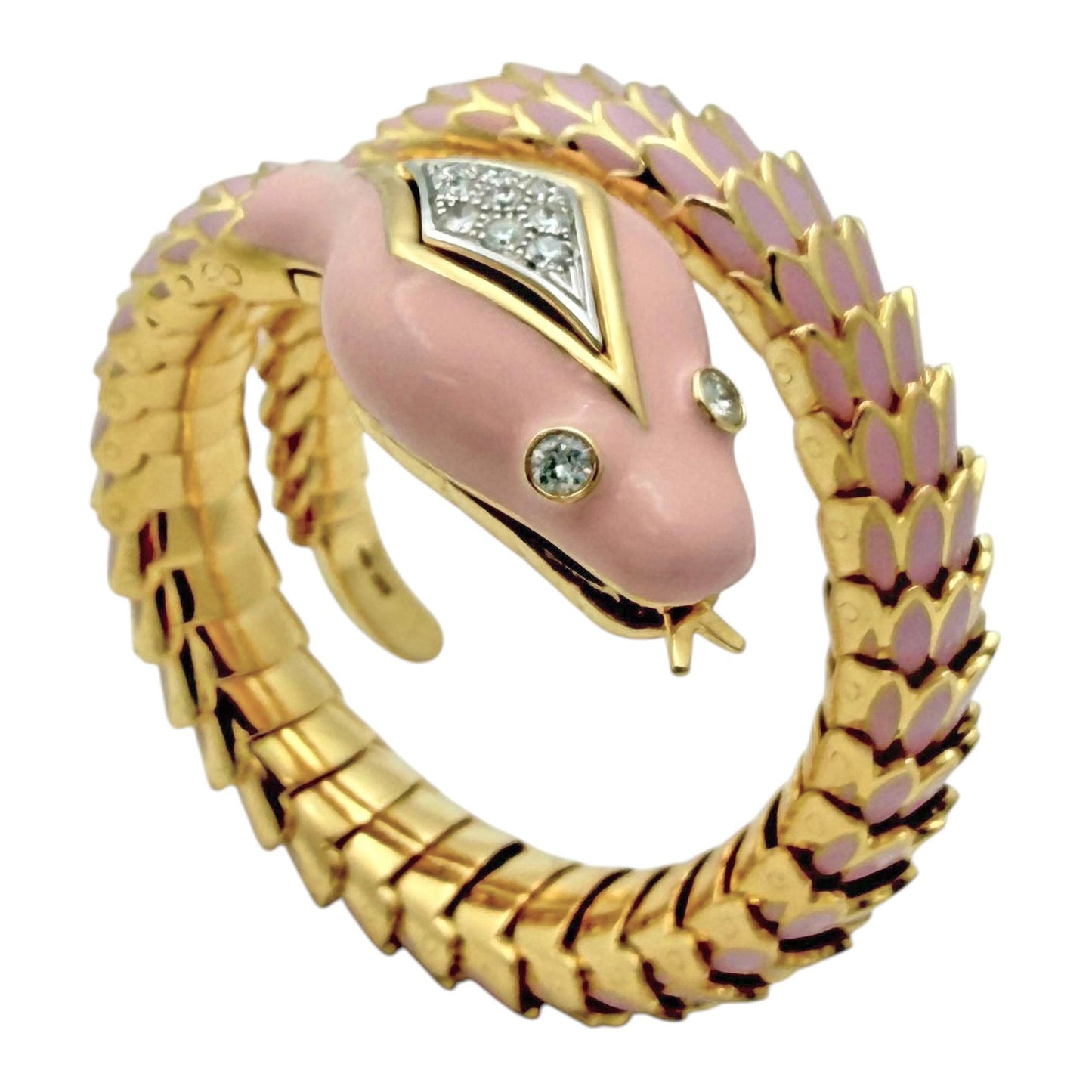 18k Yellow Gold Pink Enamel Diamond Snake Bracelet