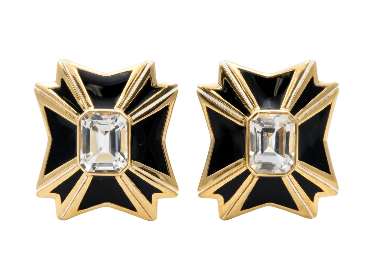 Estate White Topaz Black Enamel Maltese Cross Earrings