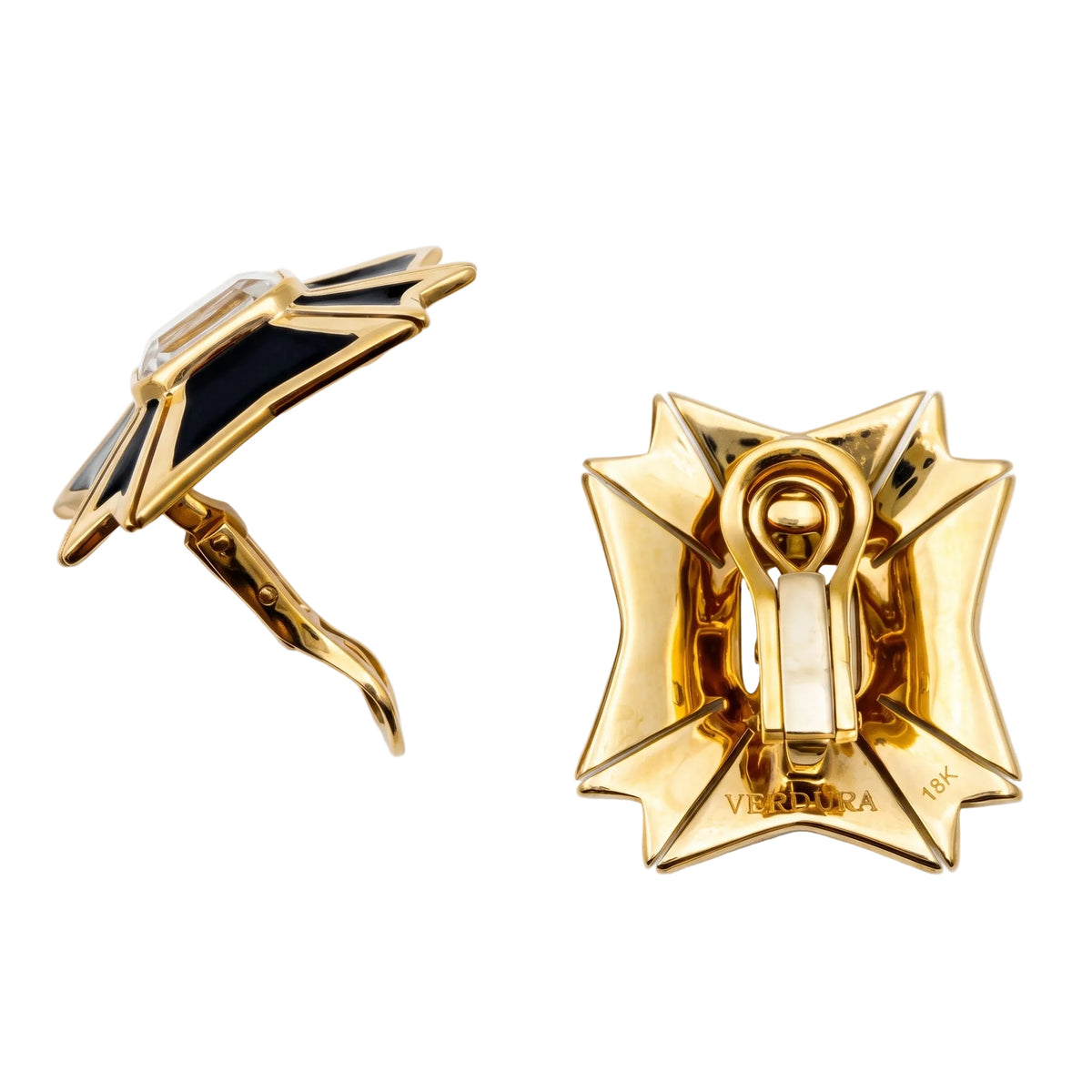 Estate White Topaz Black Enamel Maltese Cross Earrings