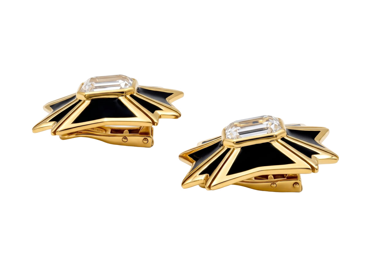 Estate White Topaz Black Enamel Maltese Cross Earrings